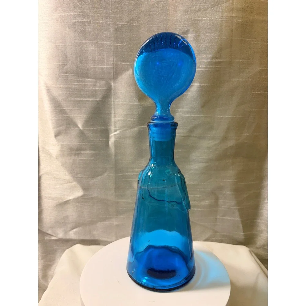 Vintage Erik Höglund Boda Blue Glass People Decanters Face Stoppers Pair MCM